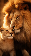 A big lion is hugging its cub.