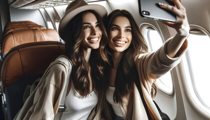 Lovely female friends capturing a selfie on an airplane. holidays concept. - Powered by Adobe