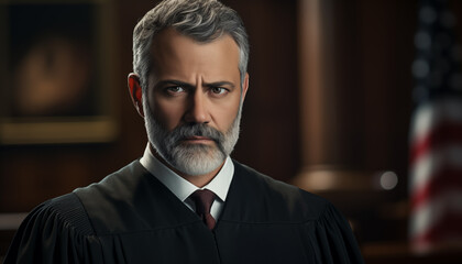 portrait of the American chief justice in the courtroom against the background of the American flag. sentencing of the defendant.