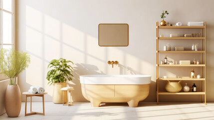 Fototapeta na wymiar Bath room interior design. Cozy empty modern bathroom background with white bathtub and panoramic windows. Generative AI