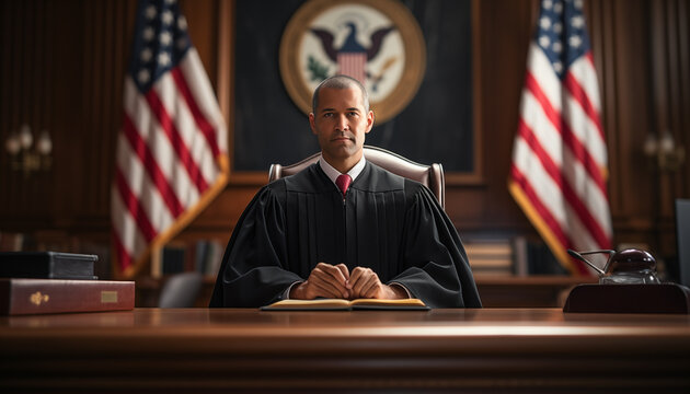 portrait of the American chief justice in the courtroom against the background of the American flag. sentencing of the defendant.