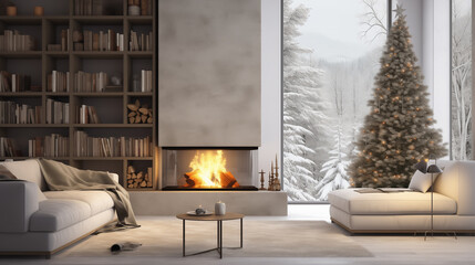 Modern minimalist interior with Christmas tree and fireplace