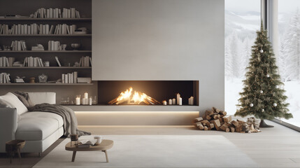 Modern minimalist interior with Christmas tree and fireplace