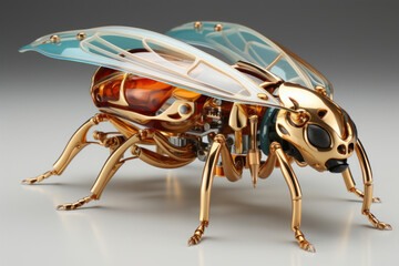 Artwork of a bee made of liquid metal and white background.