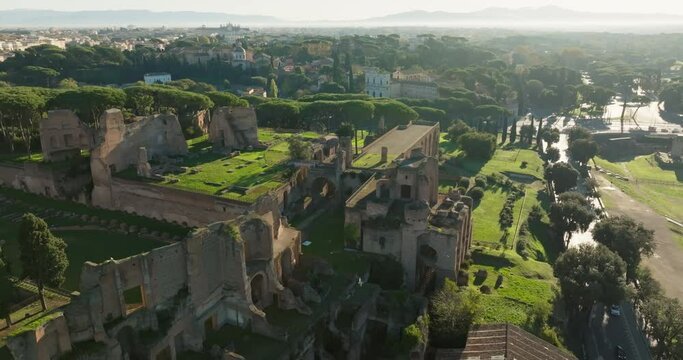 Aerial view Temple Palatin Rome Italy. Tourist and historical monument, with ancient ruins in the center of the city on the mountain. High quality 4k footage