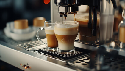 making coffee using a coffee machine. a glass of cappuccino on the background of a coffee machine. - obrazy, fototapety, plakaty