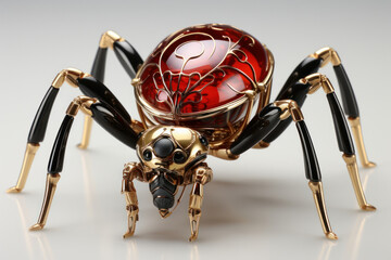 Artwork of a red liquid metal spider and white background. Generative AI.