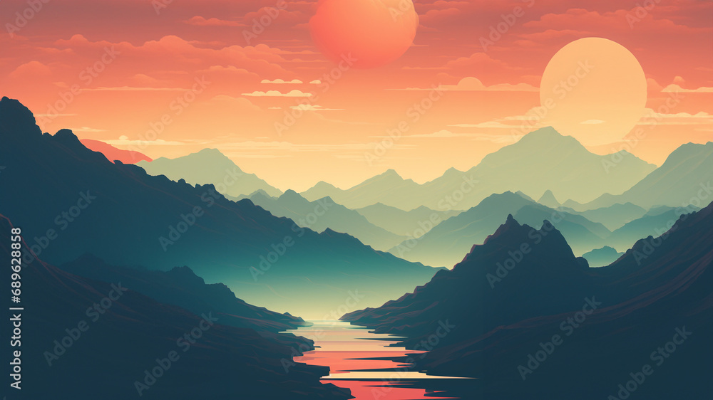 Aufkleber minimalist pixel art showcasing a serene mountain landscape, capturing the essence of simplicity in 