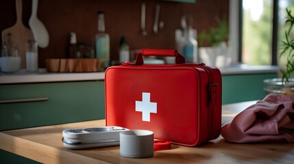 A fully stocked first aid kit with various medical supplies is open on a home kitchen counter, ready for use in case of health emergencies or injuries. - obrazy, fototapety, plakaty
