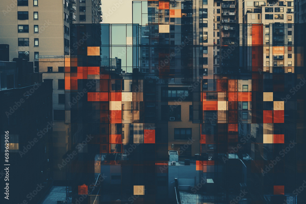 Poster minimalist pixel art featuring an abstract representation of a cityscape, showcasing simplicity in u