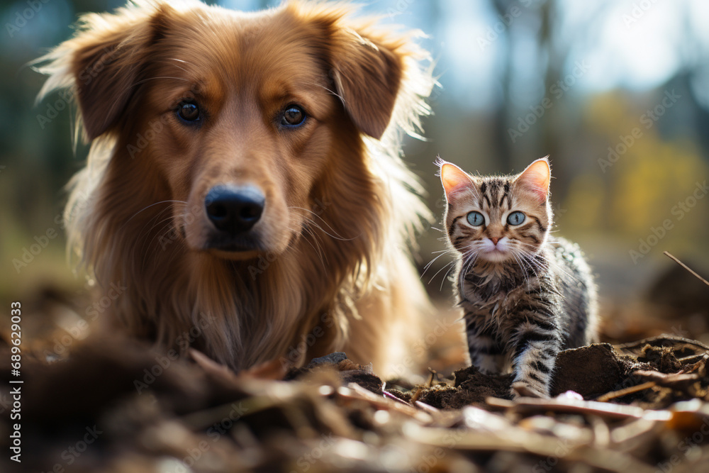Aufkleber heartwarming image of overlapping dog and cat paw prints, symbolizing the companionship and unity of
