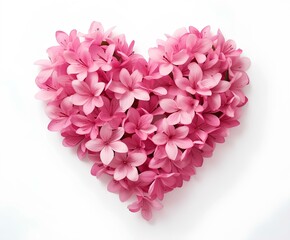 Pink heart made of azalea flower petals, heart-shaped flowers, romantic background for Valentine's day.