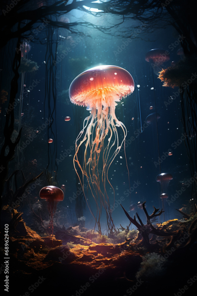 Leinwandbilder abstract and otherworldly composition featuring the shadow of a jellyfish in underwater light, creat