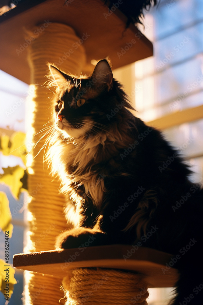 Poster charming silhouette of a cat on a sunlit cat tree, capturing the elegance and contentment of feline 