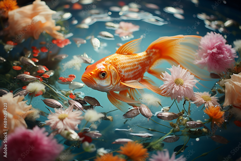Fototapete charming pixel art of a goldfish swimming in a pixelated bowl, blending the simplicity of a pet with