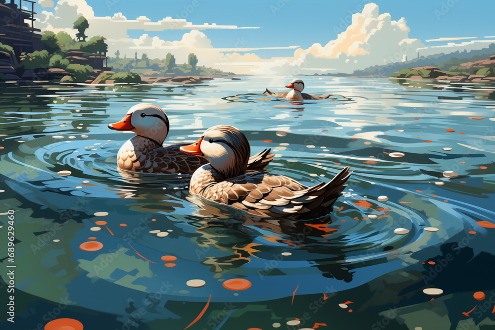 Poster Nostalgic pixel art scene featuring ducks swimming in a pixelated pond, blending waterfowl charm with retro aesthetics.