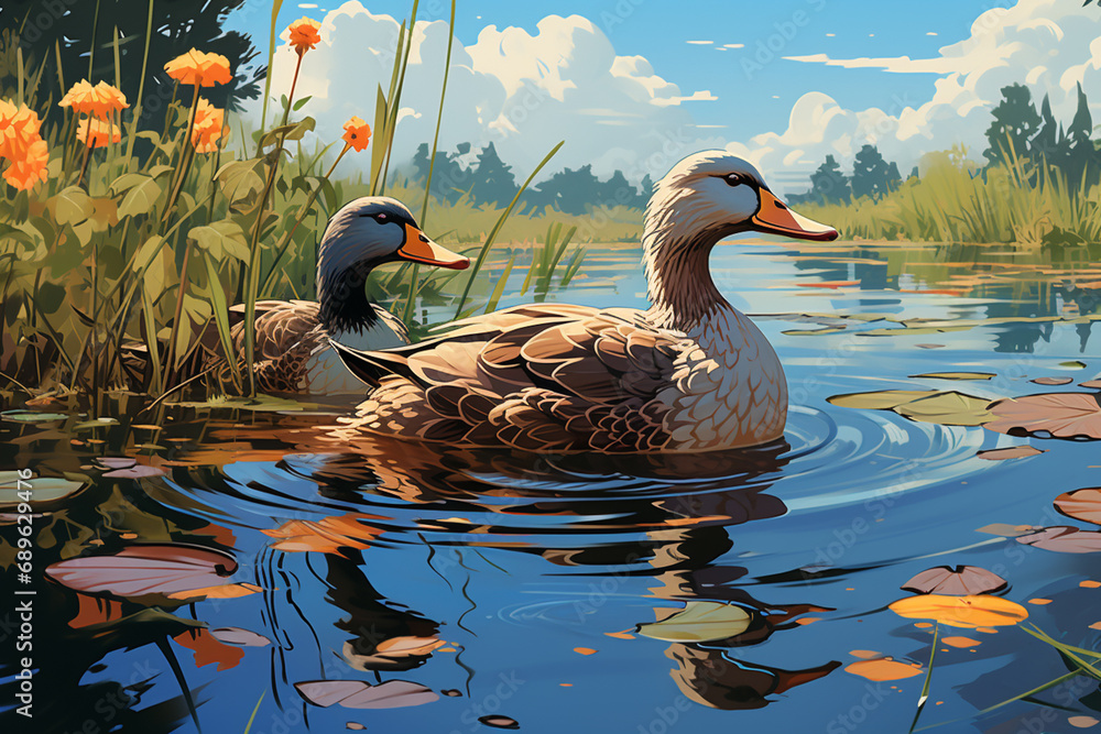Aufkleber nostalgic pixel art scene featuring ducks swimming in a pixelated pond, blending waterfowl charm wit