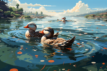 Nostalgic pixel art scene featuring ducks swimming in a pixelated pond, blending waterfowl charm with retro aesthetics. - obrazy, fototapety, plakaty
