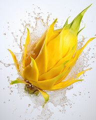 Water splash with yellow dragonfruit isolated on white background. Waterdrops, mid motion. Healthy...