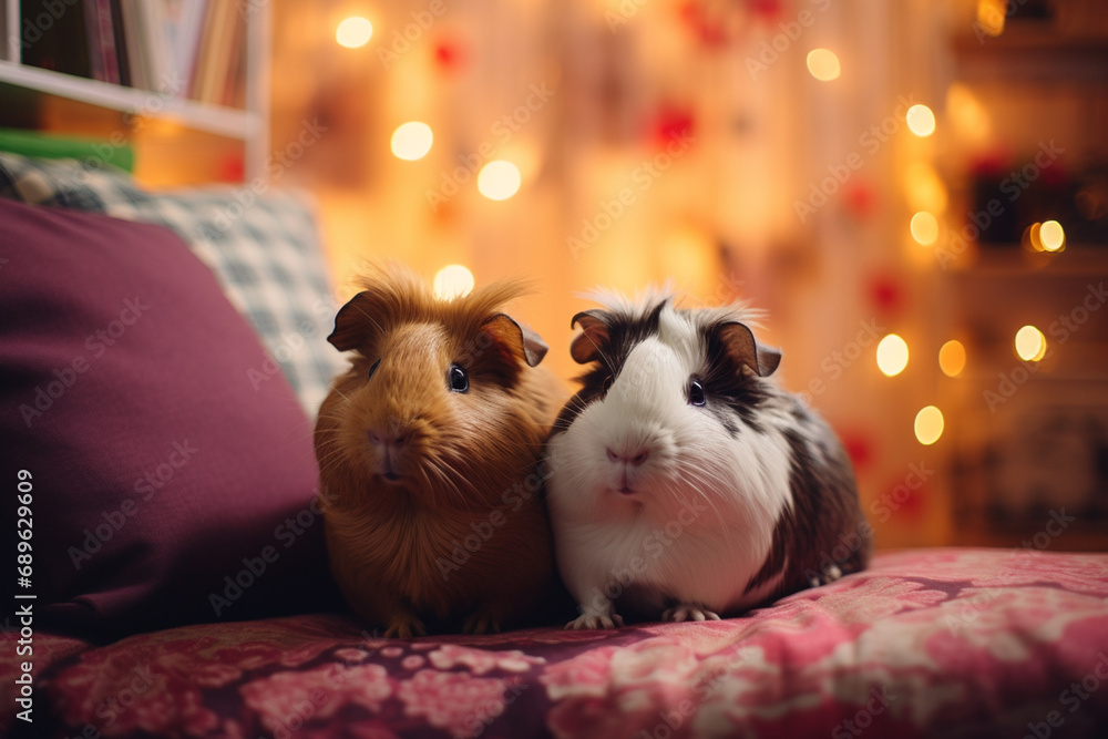 Poster Sweet pixel art of guinea pigs cuddling in a pixelated setting, capturing the warmth of retro small-animal companionship.