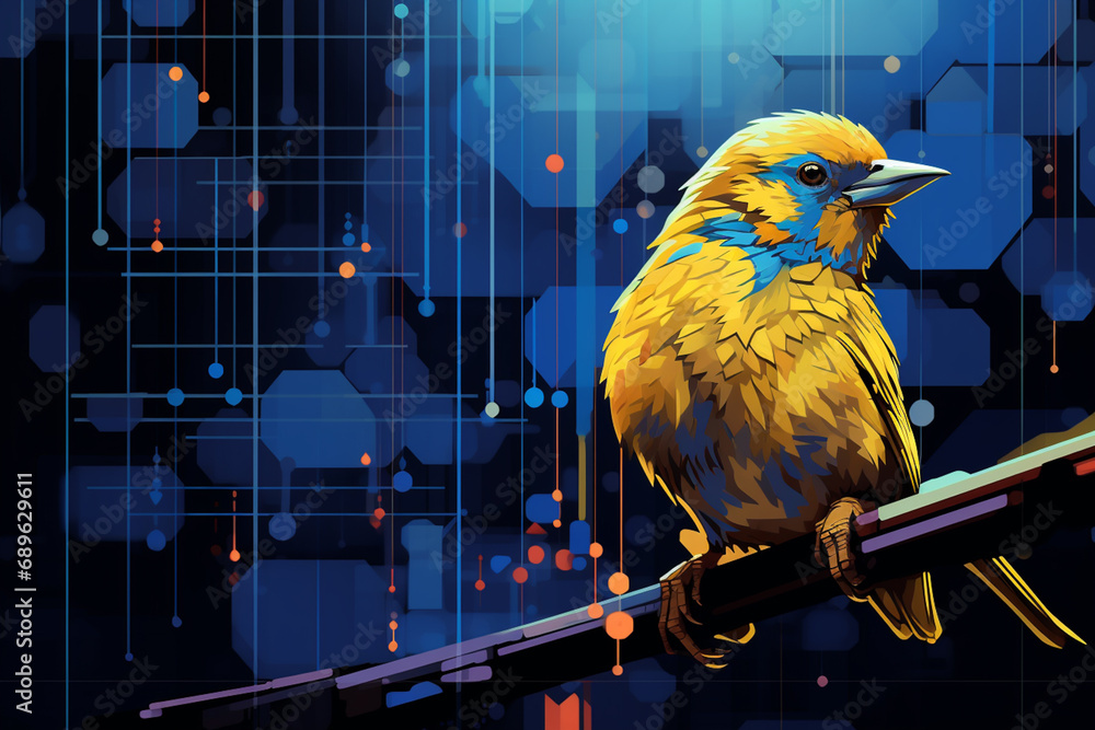 Fototapete melodic pixel art of a canary singing in a pixelated cage, creating a delightful scene of avian musi