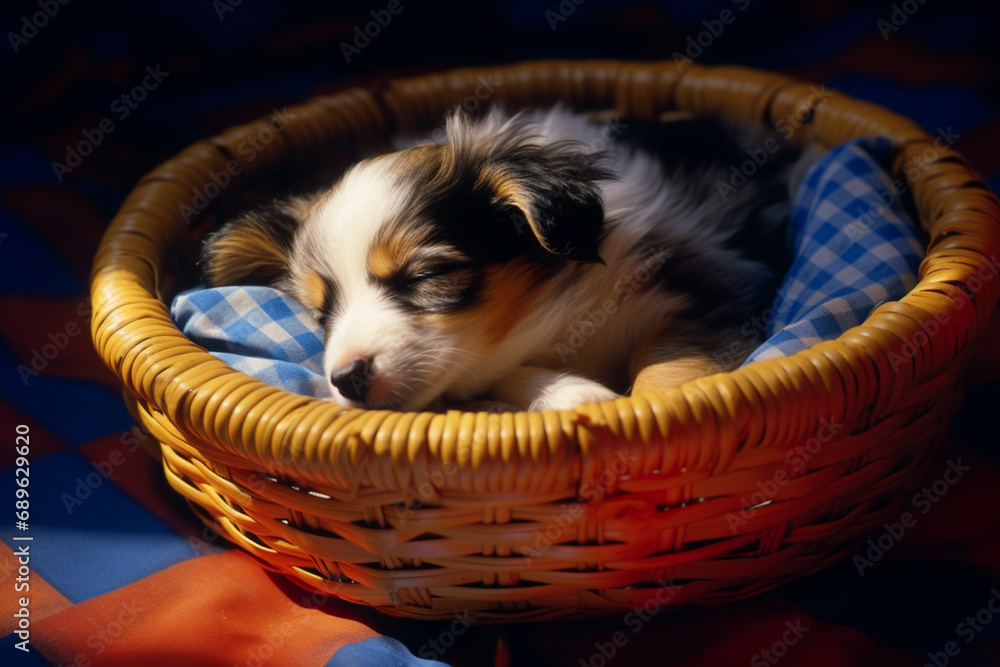 Poster Serene pixel art of a puppy taking a nap in a pixelated basket, radiating retro canine tranquility.