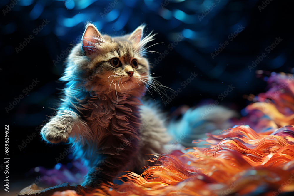 Poster whimsical pixel art of a kitten dancing with pixelated yarn, capturing the playful essence of feline