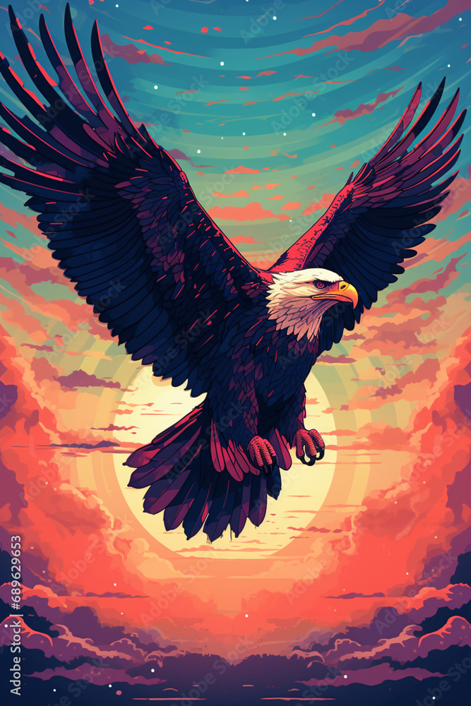 Poster Majestic pixel art of an eagle soaring through pixelated skies, combining avian grace with retro graphics.