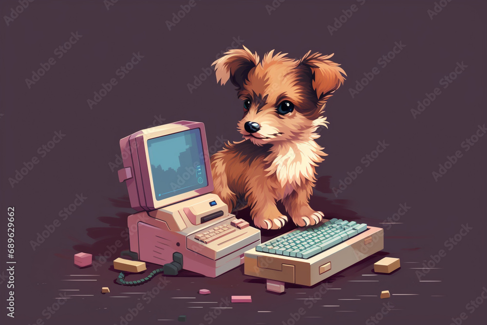 Aufkleber Heartwarming pixel art of a puppy learning tricks in a pixelated setting, infusing training moments with retro appeal.