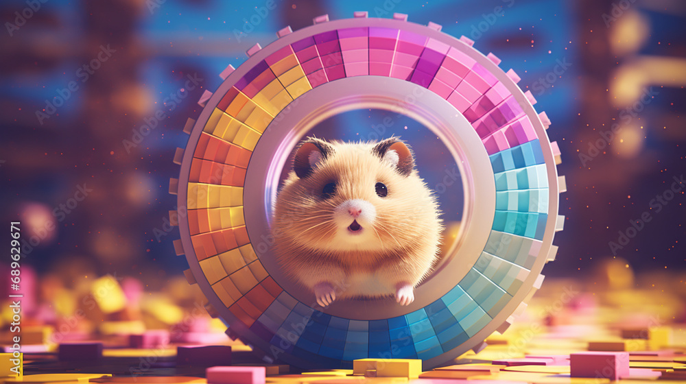 Poster wholesome pixel art showcasing a hamster energetically running on a pixelated wheel, infusing retro 