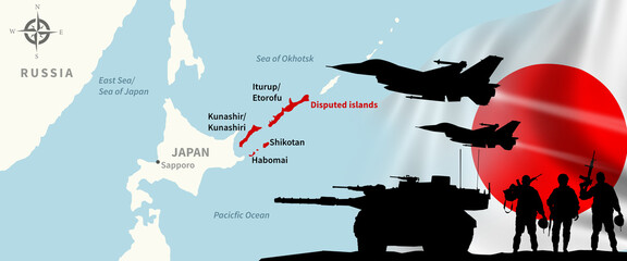 Russia and Japan conflict. Disputed islands. Kurile Island. 3d illustration.