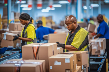 Sorter workers working at post delivery service warehouse shelves filled with cardboard boxes and packages packets.