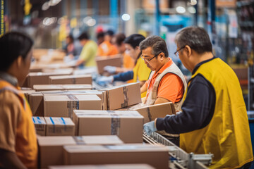 Obraz premium Sorter workers working at post delivery service warehouse shelves filled with cardboard boxes and packages packets.