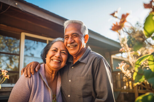 Hispanic Elderly Couple Walking Down The Street, Enjoying Sun. Having Date On Valentines Day. Retirement. Hugging And Smiling. Wearing Glasses.