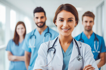 Fototapeta premium Doctors and nurses standing side by side and looking at the camera. Young female doctor is in the front wearing stethoscope and uniform.