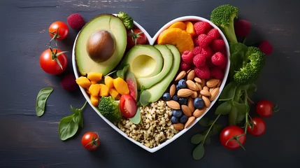 Fotobehang A vibrant photo showcasing a heartshaped bowl filled with nutritious diet foods, including fresh fruits, vegetables, and whole grains, promoting heart health and cardiovascular wellness. © TensorSpark