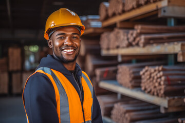 Happy African American factory worker wearing hard hat and work clothes standing in production line. Copper, steel production, machinery.