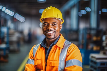 Happy African American factory worker wearing hard hat and work clothes standing in production line. Copper, steel production, machinery.