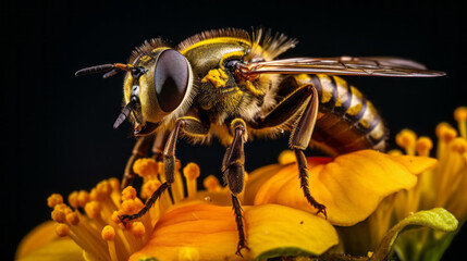 Macro photo of a wasp sitting on flowers. Extreme macro close-up of an insect. Very detailed. Wold nature.