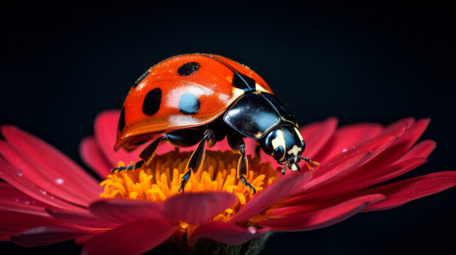 Macro photo of a ladybug sitting on flowers. Extreme macro close-up of an insect. Very detailed. Wold nature.