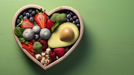 A vibrant photo showcasing a heartshaped bowl filled with nutritious diet foods, including fresh fruits, vegetables, and whole grains, promoting heart health and cardiovascular wellness.