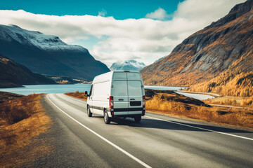 Van car on the road driving in the mountains in the autumn. Delivery van or motor home ready for activities. Transportation, public transport.