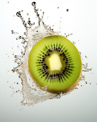 Water splash with kiwi isolated on white background. Waterdrops, mid motion. Healthy vegetarian lifestyle, vitamin organic food concept, exotic fruits