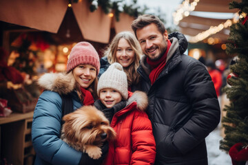 Cheerful full family while shopping outdoors on a Christmas market. The family is enjoying the festive atmosphere, exploring Christmas souvenir shops, and selecting Christmas presents