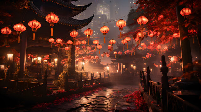 Chinese Red Lantern In The Night Of Chinese New Year Of Happiness, 2024. Dragon.