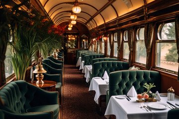 A luxurious dining car on a classic train - offering passengers a fine dining experience in an elegant interior - complete with retro charm and a culinary journey.