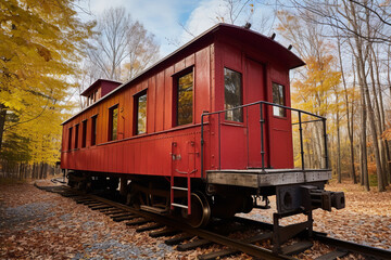 A beautifully restored historic caboose on display - representing a railway relic from a bygone era - the result of a meticulous restoration project for train enthusiasts. - obrazy, fototapety, plakaty