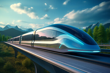 A concept design of a futuristic maglev train - utilizing magnetic levitation technology - representing the cutting-edge future of transportation and innovation.