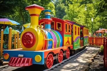 Papier peint adhésif Parc dattractions A children's train ride at an amusement park, featuring a joyful journey on a colorful locomotive, providing family fun and an engaging amusement attraction