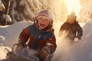 Group of excited children riding sled, play in the snow, laughing and having fun. Children enjoying winter holiday riding sledge. Positive kids enjoying snowy winter